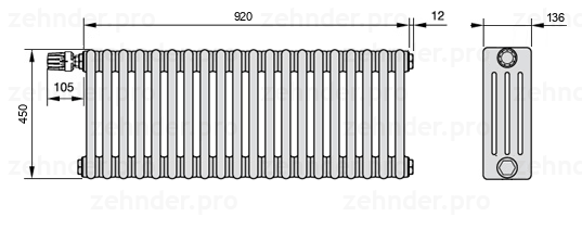 Схема (чертеж) Радиатор Zehnder Charleston 4045/20 №V012 Белый глянцевый RAL 9016